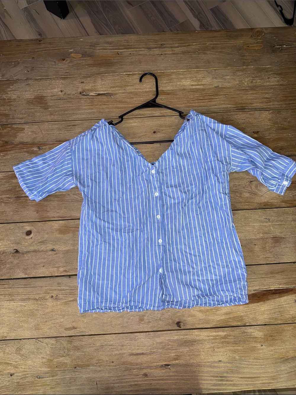 Fashion Nova Blue and White Vertical Stripe Button Top